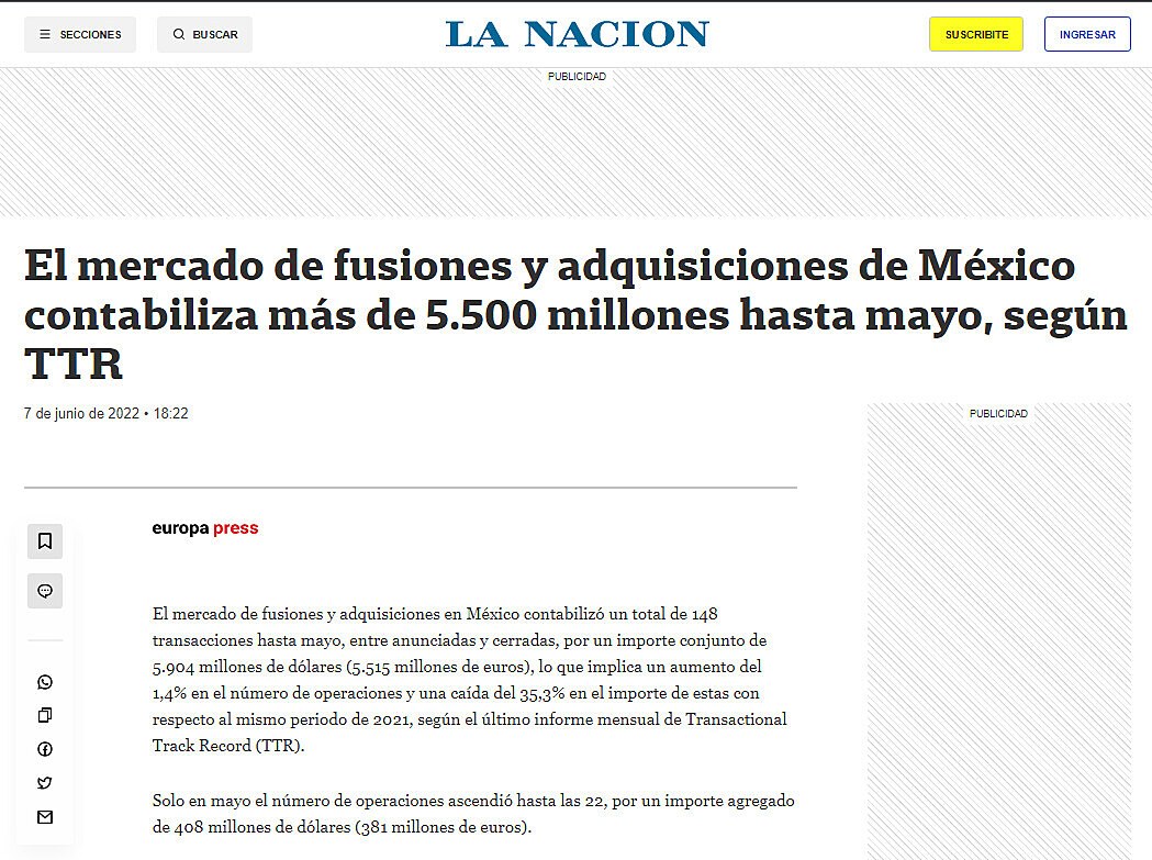 El mercado de fusiones y adquisiciones de Mxico contabiliza ms de 5.500 millones hasta mayo, segn TTR